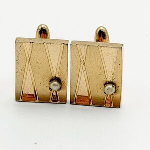 Vintage Speidel Gold Tone Faux Pearl Mid Century Modern Cufflinks